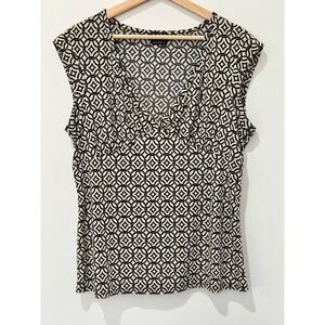 BCBG‎ Paris Babydoll Top Womens XL Black Cream Geometric Print Y2K Office Siren